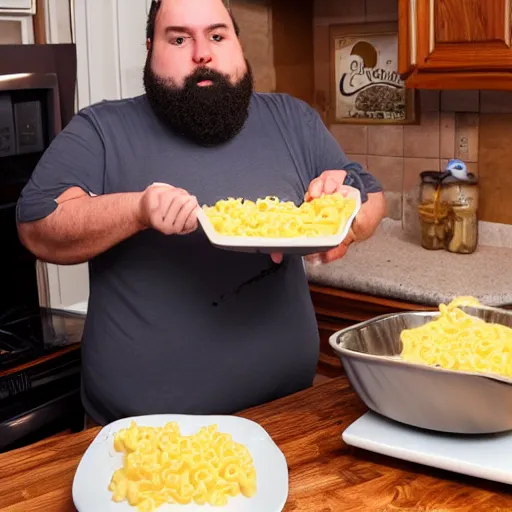 Image similar to overweight 2 0 year old with messy black hair and big beard cooks mac and cheese late at night