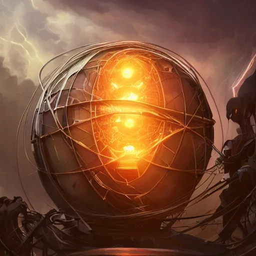 Image similar to Humans working on a mysterious sphere, epic, cinematic lighting, machinery, wires and lightning, intricate, highly detailed, digital painting, artstation, concept art, sharp focus, illustration, art by artgerm, cgsociety