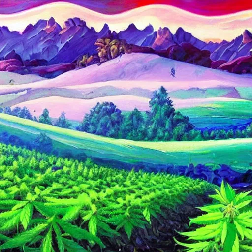 Image similar to cannabis fields on a beautiful alien landscape, colorful oil painting, highly detailed