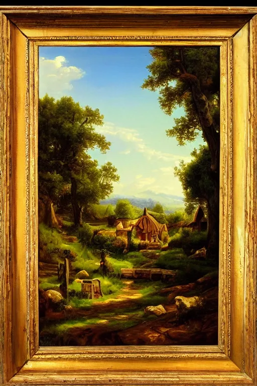 Image similar to asher brown durand oil painting on canvas of tolkien's the shire hobbiton