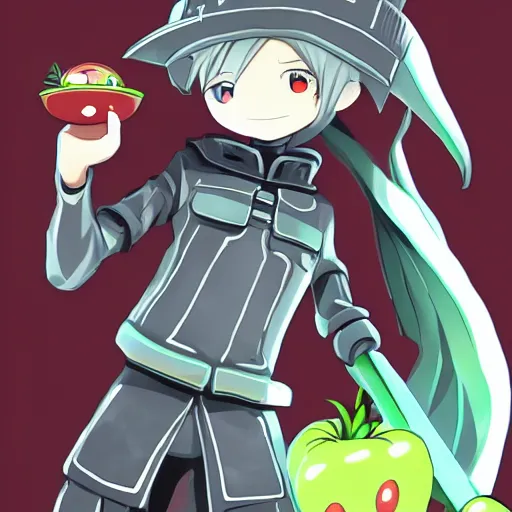 Image similar to cute android humanoid with tomato head and a carrot sword, made in abyss style