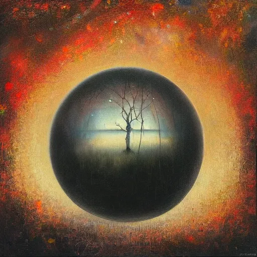 Prompt: an oil painting of glass orb by esao andrews. circa survive album cover art. dark. muted colors. gothic. oil painting with brush strokes. creepy.