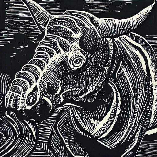 Image similar to linocut of a tricerotops