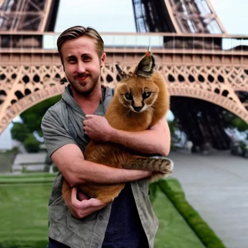 Image similar to Ryan Gosling holds a caracal cat in his hands against the backdrop of the Eiffel Tower