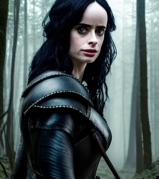 Image similar to 5 5 mm close up portrait photo of krysten ritter as yennefer of vengerberg in black leather armor and long black fluff hair, in a forest. magical atmosphere. art by greg rutkowski. lifelike. very detailed 8 k. intricate. soft light. nikon d 8 5 0.