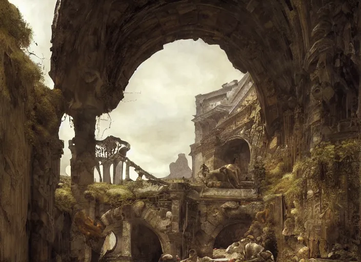 Prompt: underground cavern. fallen door. collapsed before the archway ( clearly once set in the arch ). heavy stone ( dark grey, pockmarked ). edgar maxence and caravaggio and michael whelan and delacroix style, artistic, intricate painting, cinematic lighting, hyper realistic, extremely detailed, vivid colors, establishing shot, dramatic lighting.