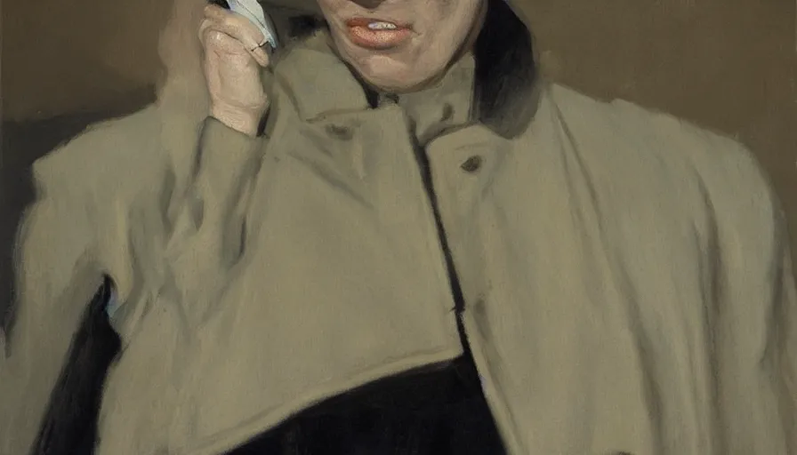 Image similar to painting by borremans, agent in a coat with cigarette, detailed, stunning