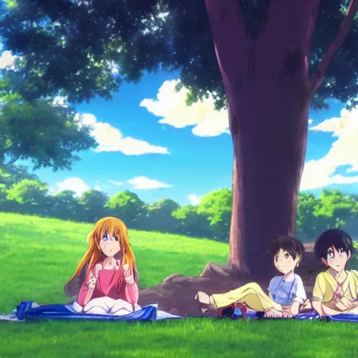 Image similar to Anime of an happy family with two boys of 10 years old and 5 years old, in Vincennes parc having a pic nic, beautiful weather, peaceful cloud, by Makoto Shinkai