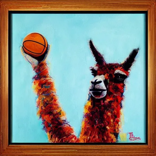 Prompt: “ abstract painting of a llama in a jersey dunking a basketball like michael jordan, shot from below, tilted frame, 3 5 °, dutch angle, extreme long shot, high detail, dramatic backlighting, indoors. in the background is a stadium full of people. ”