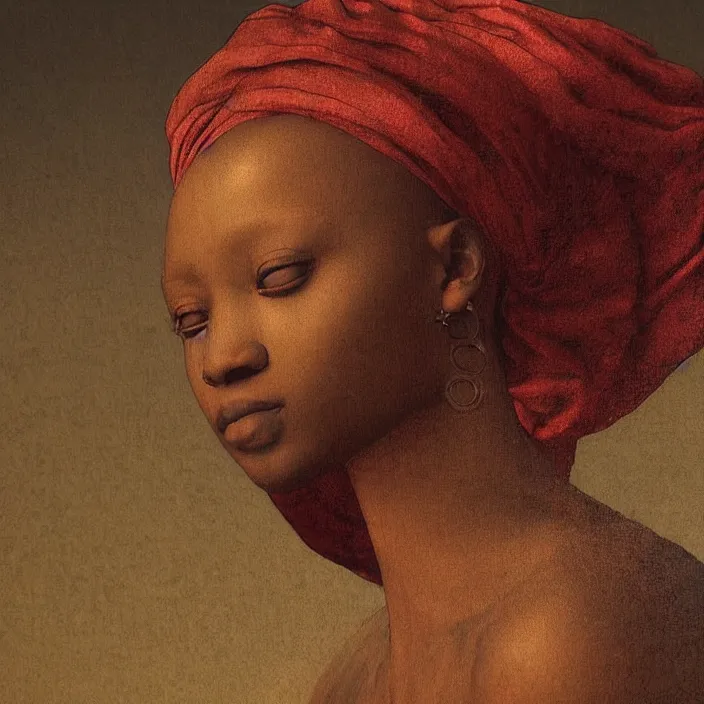 Image similar to a painting of a beautiful African woman by Leonardo da Vinci . dramatic angle, ethereal lights, details, smooth, sharp focus, illustration, realistic, cinematic, artstation, award winning, rgb , unreal engine, octane render, cinematic light, macro, depth of field, blur, red light and clouds from the back, highly detailed epic cinematic concept art CG render made in Maya, Blender and Photoshop, octane render, excellent composition, dynamic dramatic cinematic lighting, aesthetic, very inspirational, arthouse.