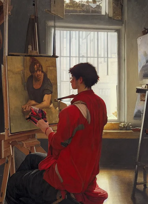 Image similar to a young painter in his studio painting a picture of a red pokemon, by edgar maxence and caravaggio and michael whelan and delacroix style, artistic, intricate drawing, cinematic lighting, hyper realistic, extremely detailed, establishing shot, 8 k resolution, dramatic lighting