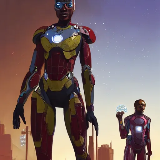 Image similar to highly detailed an african american woman in with the ironman random suit from the future gta v, stephen bliss, unreal engine, fantasy art by greg rutkowski, loish, rhads, ferdinand knab, makoto shinkai and lois van baarle, ilya kuvshinov, rossdraws, tom bagshaw, global illumination, radiant light, detailed and intricate environment