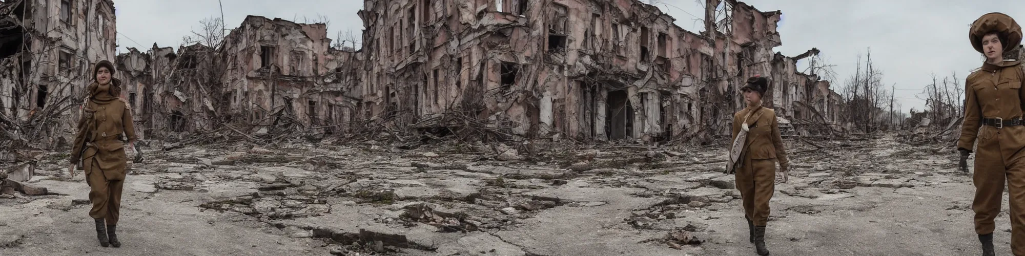 Prompt: cute anthropomorphic cat field medic walking through ruins of soviet-era city. 8k cinematic lighting, hyper realistic