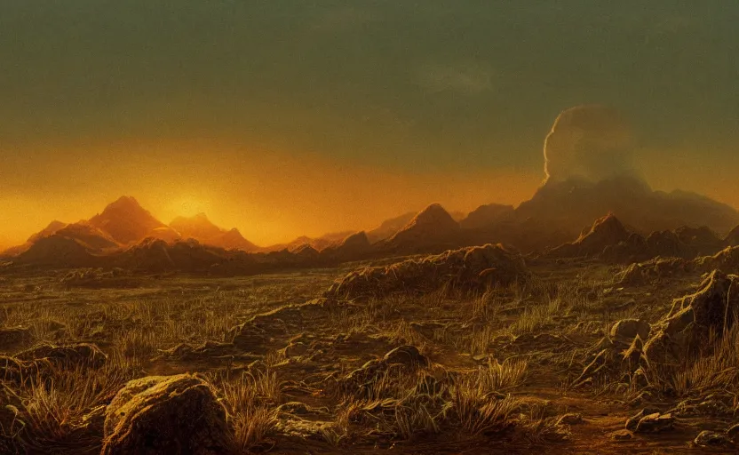 Image similar to nuclear wasteland in a field, close up shot, rocky, at dusk, distant mountains, 4k, rule of thirds, extreme detail, hazy, intricate ink illustration, surreal, surrealist, trending on artstation, cgsociety, hd, calm, complimentary colours, realistic lighting, sharpened, by Albert Bierstadt, Frederic Edwin Church.