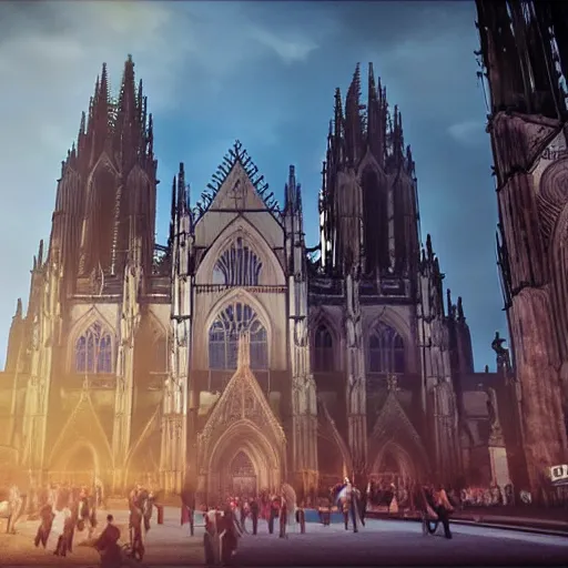 Prompt: a hyper real comic book style portait painting of the cathedral of cologne germany in the distant future with robots around, unreal 5, hyperrealistic, octane render, cosplay, rpg portrait, dynamic lighting