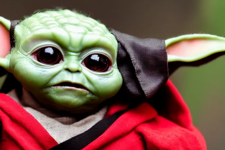 Image similar to Sith!! Baby Yoda!!, black robes, spot lit, closeup shallow depth of field, red glowing eyes