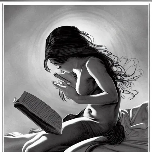 Image similar to a girl reading book, hair flowing down, in the style of Frank Frazetta, Jeff Easley, Caravaggio, extremely clear and coherent, clear lines, 8K revolution