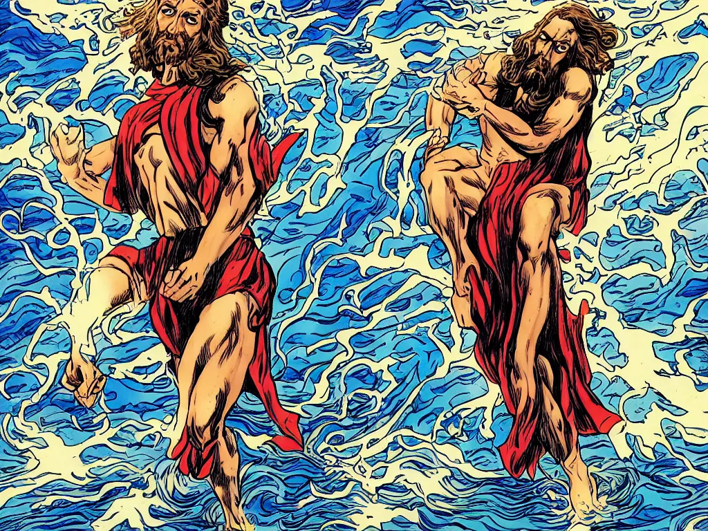 Image similar to jesus christ as a superhero with wavey hair and white eyes floating above the water shooting lightning out of his hands, drawn by alan moore, graphic novel,