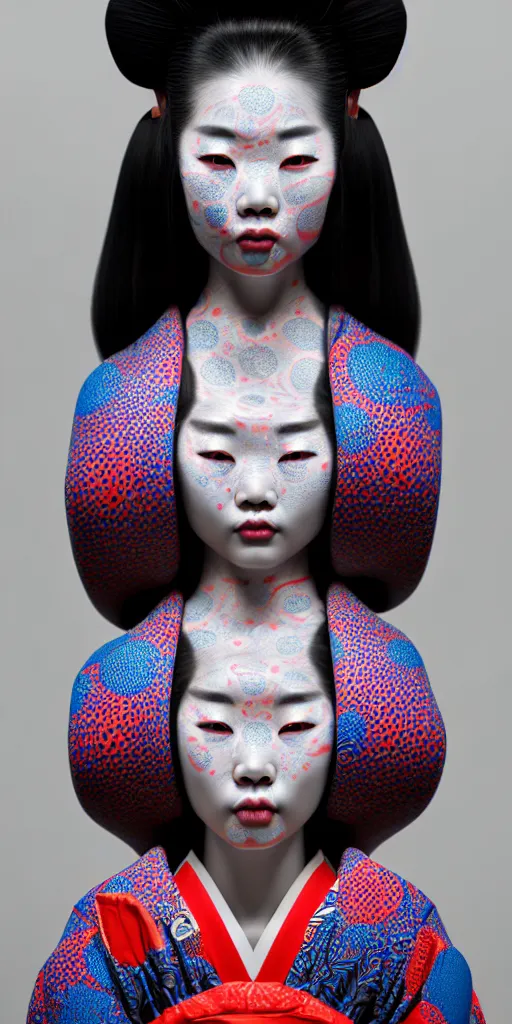 Image similar to hyperrealistic detailed image of a geisha in a art installation room, hd smooth interior by yayoi kusama, part by kei mieno, part by ross tran, dark art by james jean, ultra realistic, highly detailed, life like face, detailed body, 8 k, 3 d render by roger magrini, masterpiece