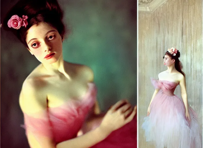 Image similar to portrait photography of a woman Degas beauty type, in style of Cecil Beaton, brigitte bardot style 3/4 , natural color skin like porcellain pointed in rose, long hair with ornamental hairstyle, full body dressed with a ethereal transparent voile dress, elegrant, 8K post production, soft focus, melanchonic rose soft light, volumetric lighting, highly detailed Realistic, Refined, Highly Detailed, natural point rose', indoor soft lighting, soft delicate lighting colors scheme, soft blur lighting, fine art fashion photography