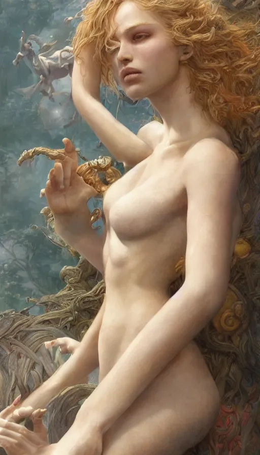 Image similar to epic masterpiece mila jovovic, sweaty skin, hyperrealistic, octane render, cinematic, beautiful face and flawless skin, perfect hands, 5 fingers, by Edgar Maxence and Ross Tran and Michael Whelan, Legends of Runeterra