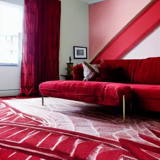 Prompt: A surreal room with red velvet drapes. The floor has an off-white and dark-brown chevron pattern.