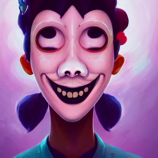 Image similar to a portrait of the smiling happy mask salesman, eyes closed, art by lois van baarle and loish and ross tran and rossdraws and sam yang and samdoesarts and artgerm and saruei and disney, digital art, highly detailed, intricate, sharp focus, trending on artstation hq, deviantart, unreal engine 5, 4 k uhd image