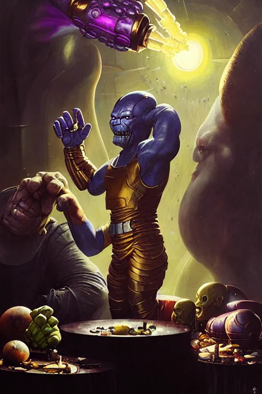 Image similar to hieronymus bosch, greg rutkowski, anna podedworna, painting of thanos eating the infinity gauntlet