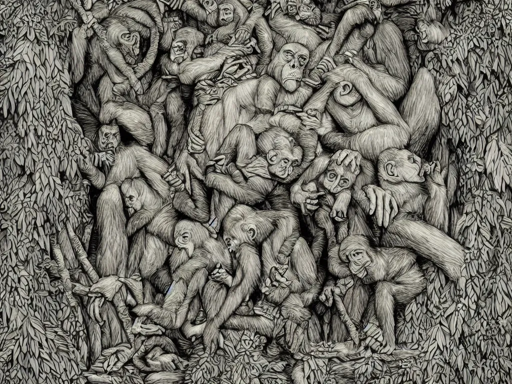 Image similar to bored ape club monkeies by Chor Boogie, intricate details, ultra detailed, 4K, award-winning, touch of M. C. Escher and Salvador Dali