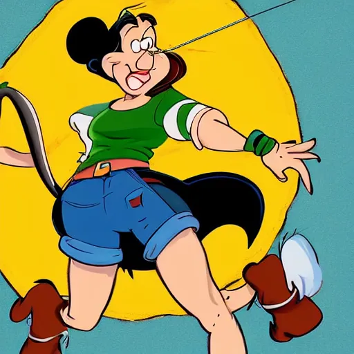 Prompt: 2 d traditional animation, portrait, upper body shot, mid shot, anthropomorphic mouse, female, wearing denim short shorts and a off yellow tank top shirt, in the style of disney's robin hood