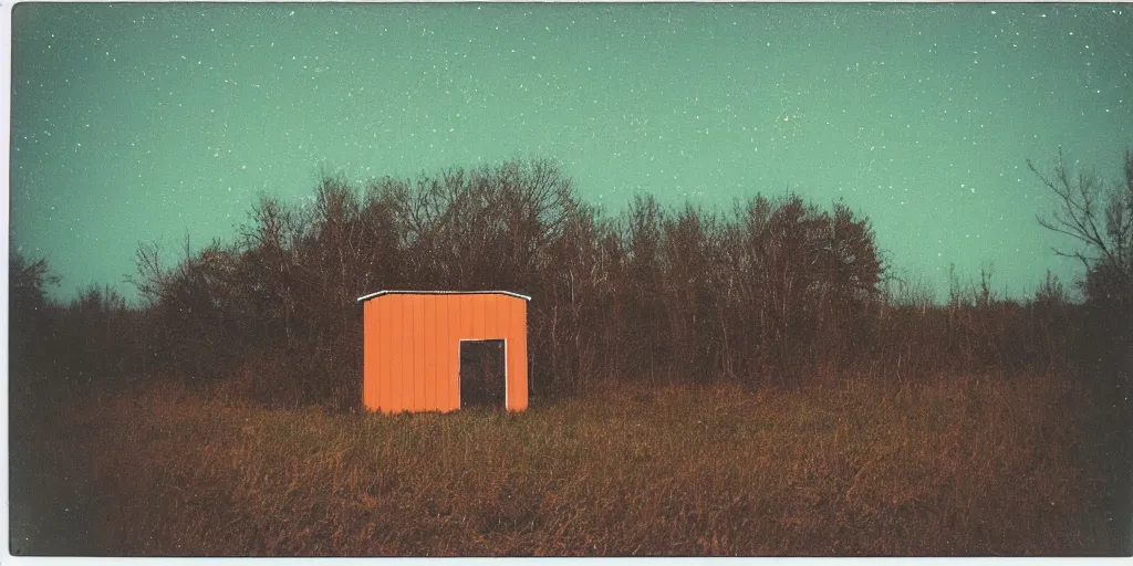 Prompt: analog polaroid of an abandoned shed in the middle of nowhere, orange green sky with stars, color bleed