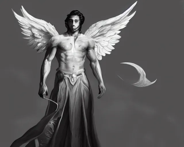 Prompt: aaron taylor-johnson as an angel with large white wings, detailed fantasy digital art, trending on artstation