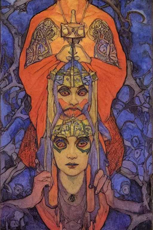 Image similar to the lantern crown, by Annie Swynnerton!!!! and Nicholas Roerich! and (Edmund Dulac) and ((((Diego Rivera)))), tattoos, elaborate costume, geometric ornament, symbolist, rich colors, dramatic lighting, smooth, sharp focus, extremely detailed