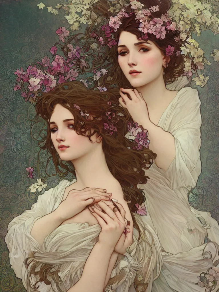 Image similar to sensual woman, wrapped in flowers, art by Charlie Bowater, Alphonse Mucha