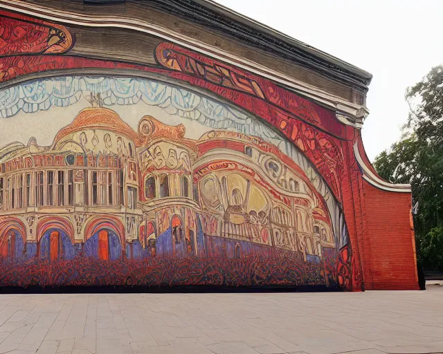 Image similar to photo of an outdoor mural of an opera house from the early 1 9 0 0 s in the style of art nouveau, red curtains, art nouveau design elements, art nouveau ornament, opera house architectural elements, painted on a brick wall, outdoor mural, mucha, masonic symbols, masonic lodge