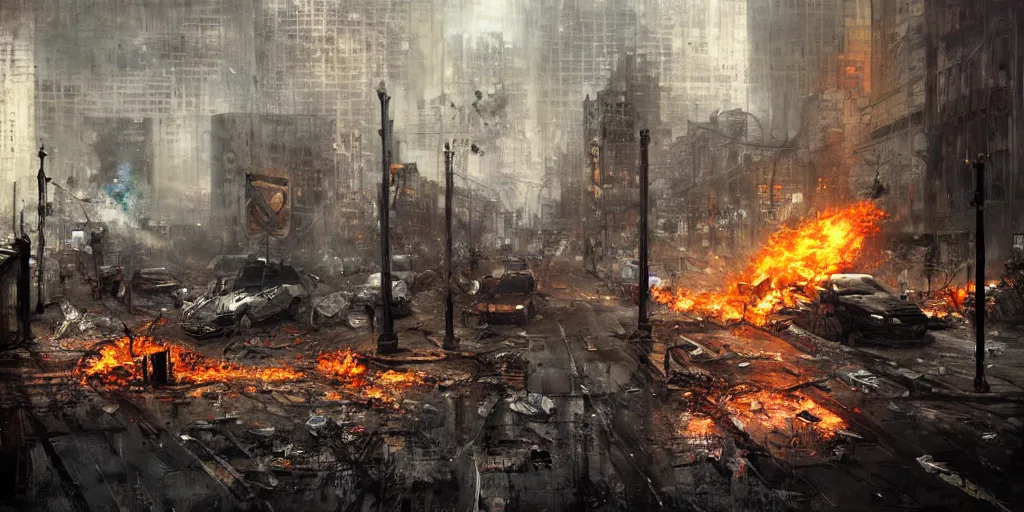 Image similar to post apocalyptic city, revolutionary punk masked up punk, fire, damaged, trash, full shot, by jeremy mann