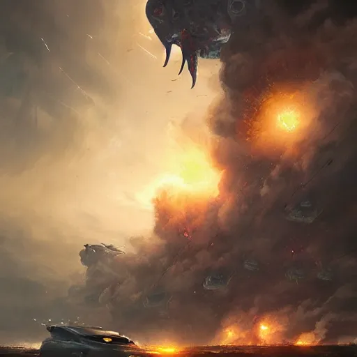 Prompt: an alien invasion the aliens have invaded earth and fighting with the humans blowing up cities by greg rutkowski