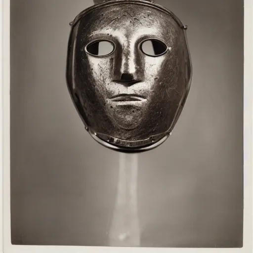 Prompt: photo portrait of 19 century brutal shiny metal face mask with fine detail engravings and runes cultist lord rich baron by Diane Arbus and Louis Daguerre