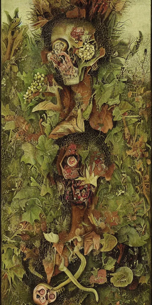 Image similar to portrait of a teenage zombie dissolving in a field of foliage, botanicals, fruit and feathers, highly detailed, fantasy art, in the style of hieronymous bosch, cartoonish, whimsical