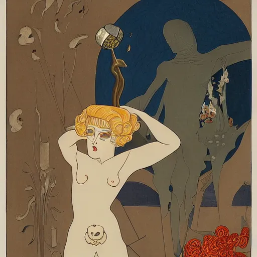 Image similar to rich by george barbier, by alex horley, by marius borgeaud kokedama. in the center of the mixed mediart is a large gateway that seems to lead into abyss of darkness. on either side of the gateway are two figures, one a demon - like creature, the other a skeletal figure.
