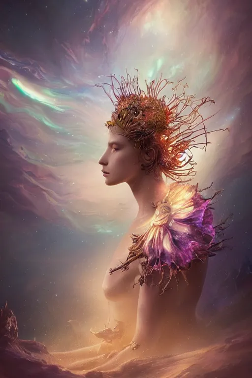 Prompt: mysterious detailed cgi matte painting tanned female space empress of the andromeda, by ellen jewett, alessio albi | symmetrical features, ominous, kawaii, photorealism, stunning, ornate, royally decorated, organic, growth, whirling gasses, glowing particles, refractive adornments, colorful torn nebulas, radiant vibrant colors