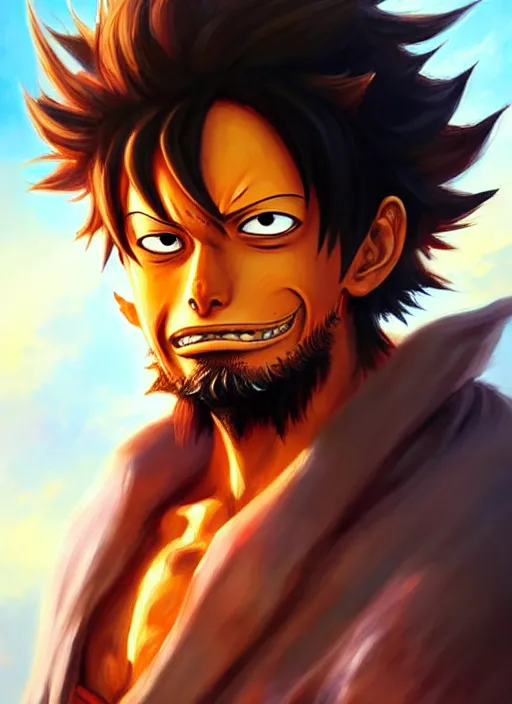 Prompt: luffy as fantasy style portrait painting of middle eastern male brown wavy hair beard rpg dnd oil painting unreal _ 5 _ daz. _ rpg _ portrait _ extremely _ detailed _ artgerm _ greg _ rutkowski _ greg