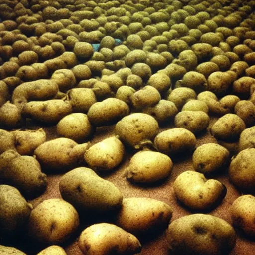 Prompt: Beautiful Liminal Grainy foggy disposable-camera Photograph of a infinite infinite infinite Town with many potatoes potatoes potatoes potatoes on the floor zdzisław Beksiński