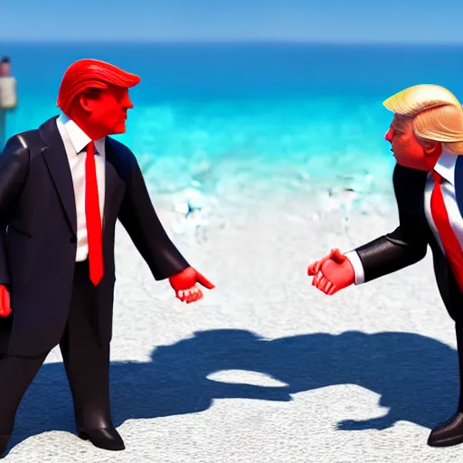 Image similar to 3 d render of batman and donald trump shaking hands on a sunny beach, 8 k, very intricate, very detailed,