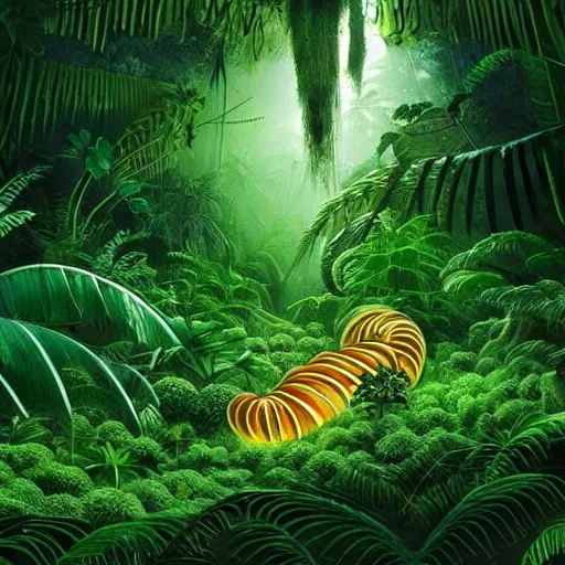 Prompt: « a group of people lost in a detailed jungle with luminescent plants and beautiful tall trees, but there is a giant worm that is hidding »