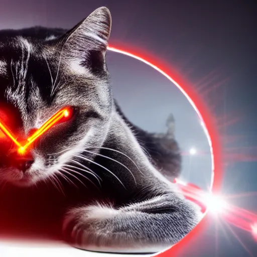 Image similar to Still of a mechanical chrome metallic cat with glowing red eyes staring at the camera, red lens flare