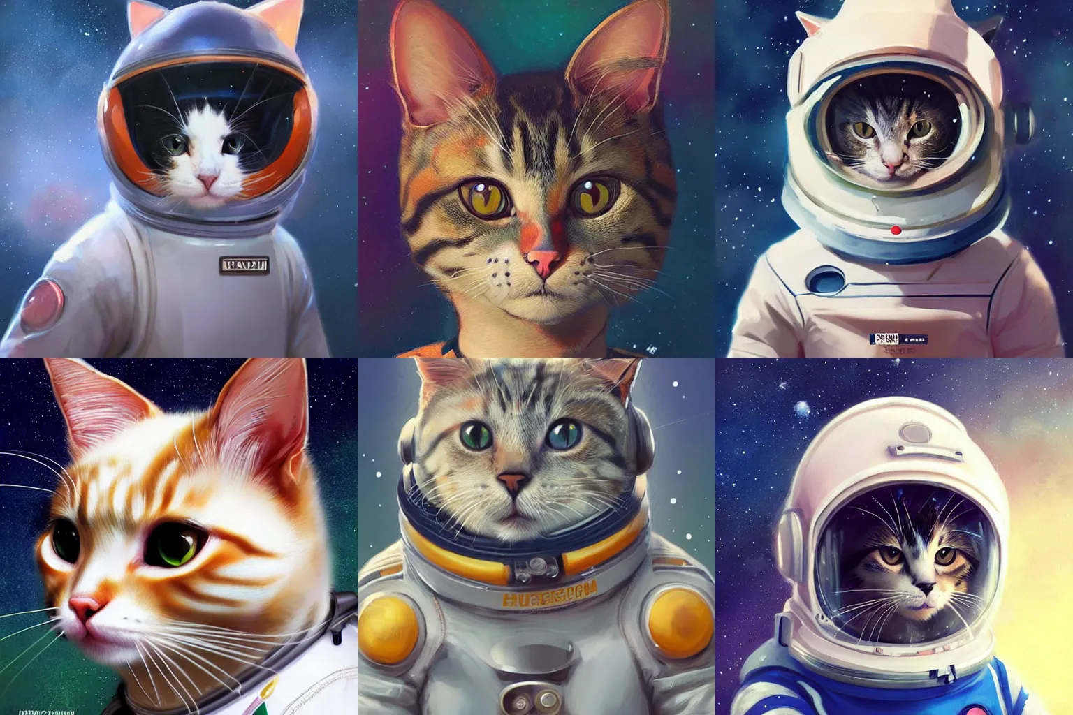 Prompt: head and shoulders masterpiece portrait of a cute adorable cat wearing a spacesuit, surreal background, digital art by Krenz Cushart, trending on artstation, cgsociety,