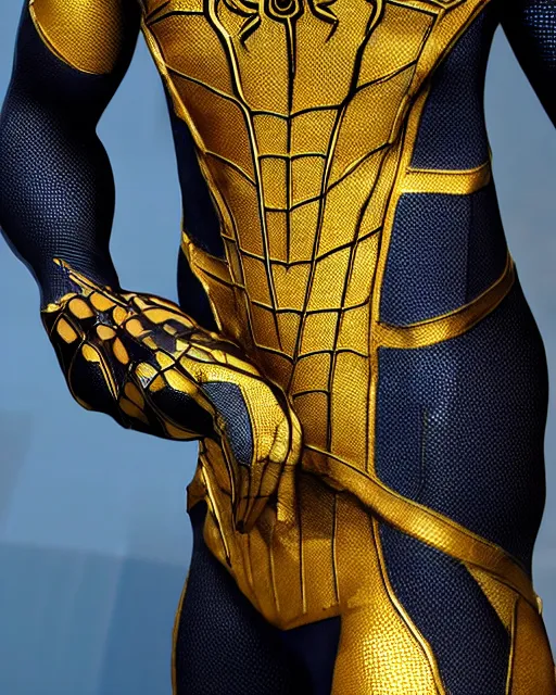 Image similar to photorealistic, hyperdetailed photograph of black spider - man suit with gold webbing by insomniac games