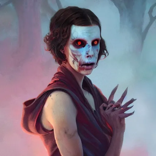 Image similar to Millie Bobby Brown as an undead Lich necromancer, Magic the Gathering art, undead facial features, art by greg rutkowski and alphonse mucha, highly detailed, digital painting, matte painting, concept art, illustration, oppressive lighting, trending on artstation, very detailed