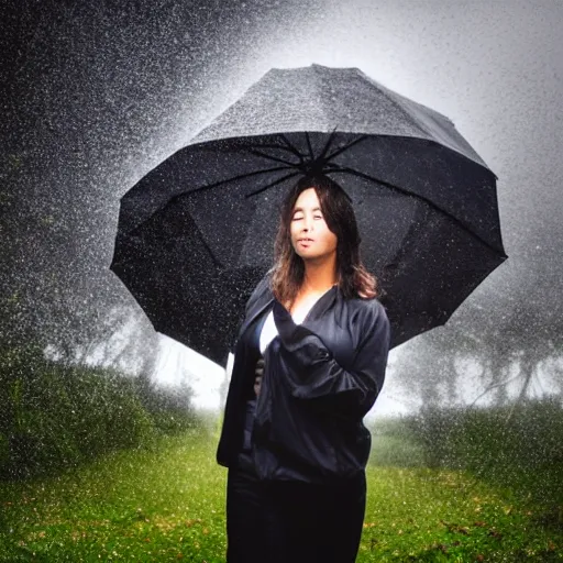 Image similar to 4 k hdr full body wide angle sony portrait kim showering in a rainstorm with moody stormy overcast lighting